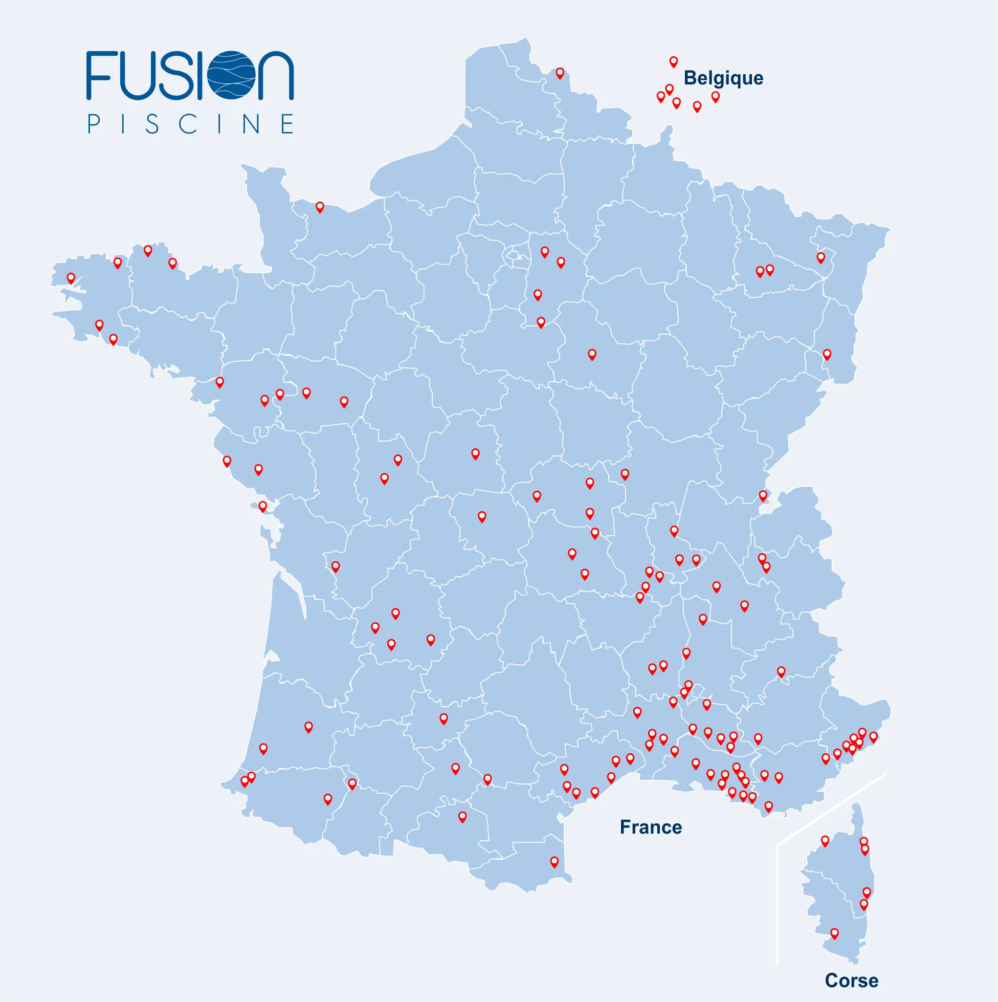 Carte des magasins Fusion Piscine en France et en Belgique