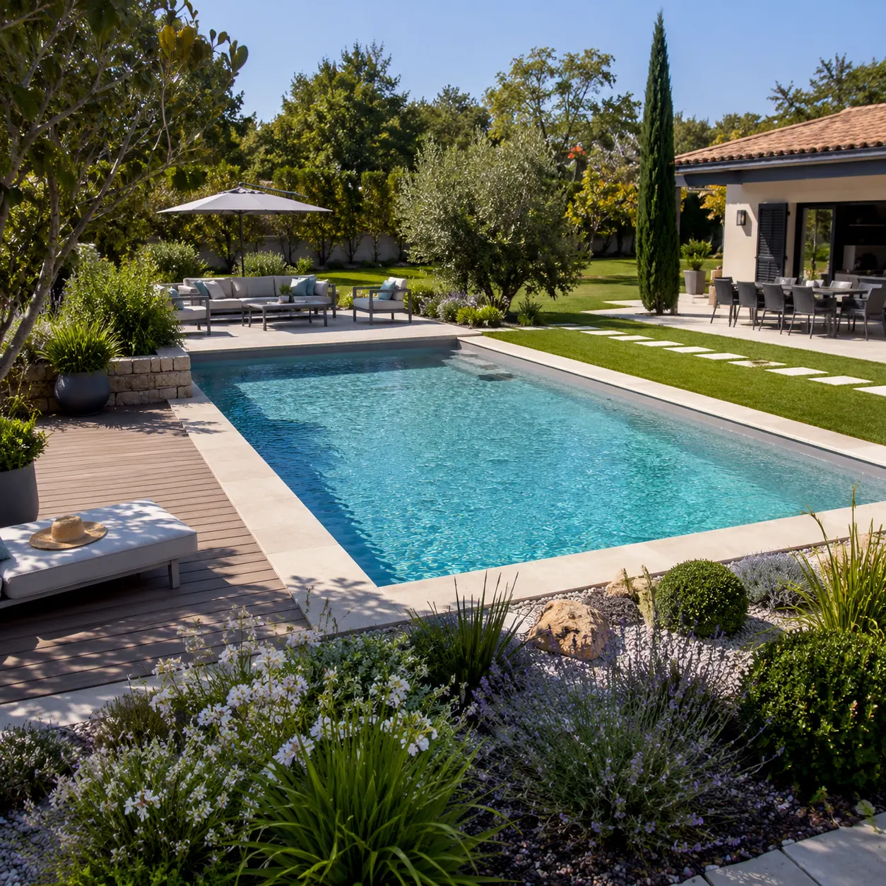 Piscine intégrée dans un aménagement extérieur