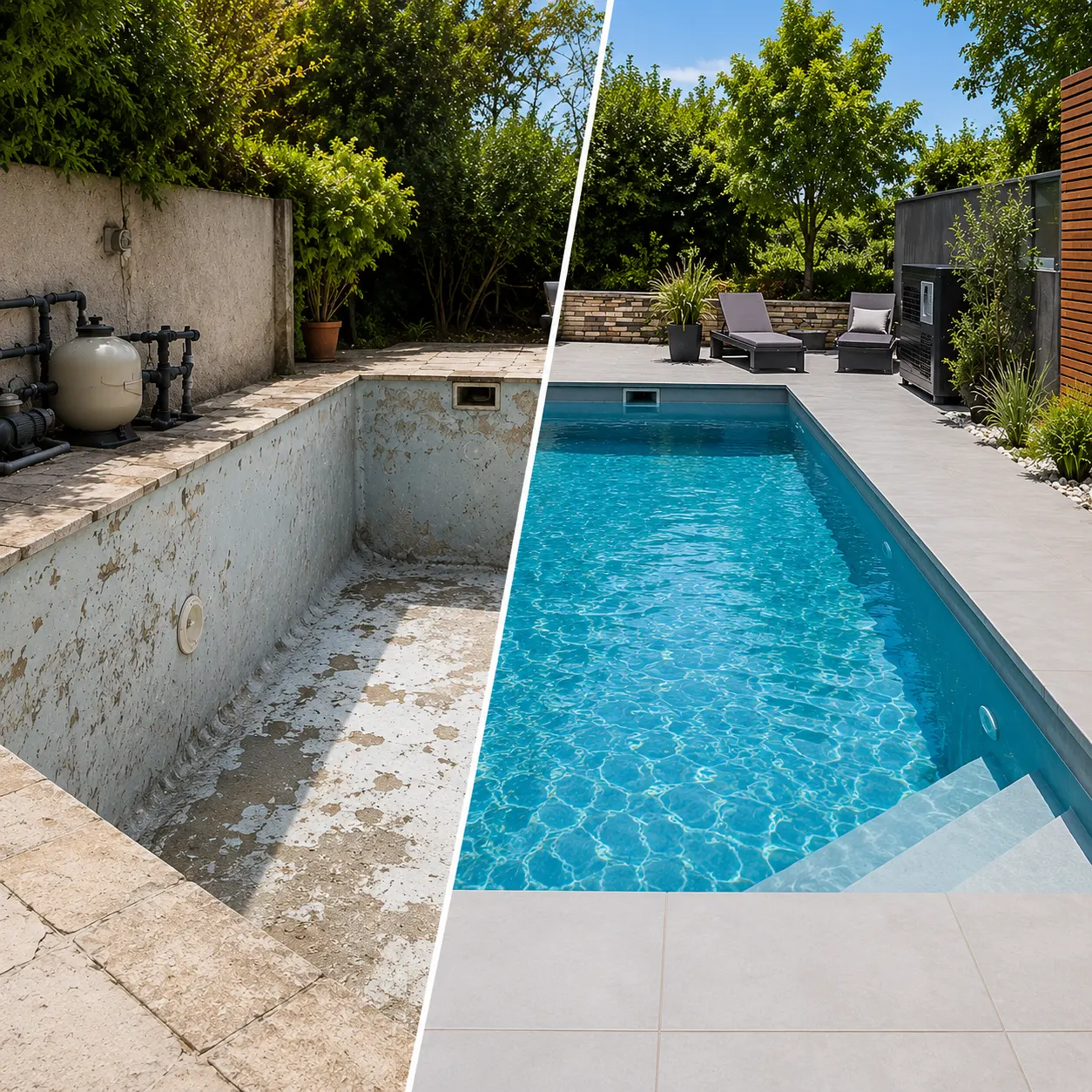 Piscine rénovée et modernisée dans un jardin